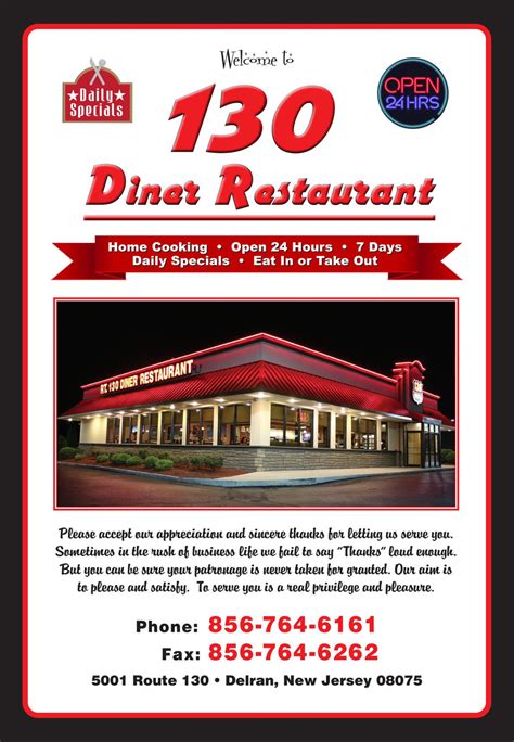 130 diner - Hours: Open 24 hours. 5001 US-130, Delran. (856) 764-6161. Menu Order Online. Take …